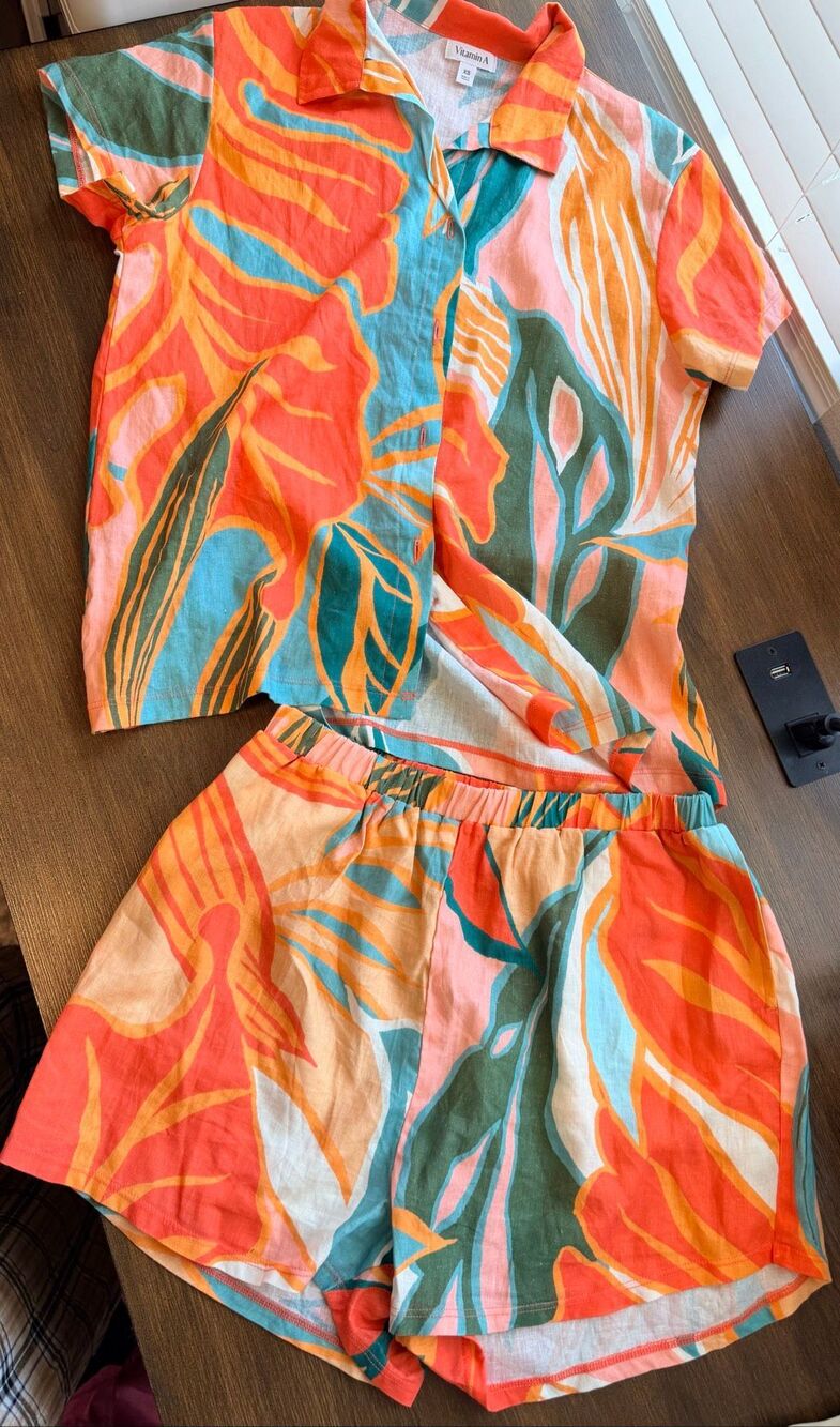 Vitamin A Tropical Linen Button Up Shirt Shorts XS Beach Resort Boho 2 Piece Set